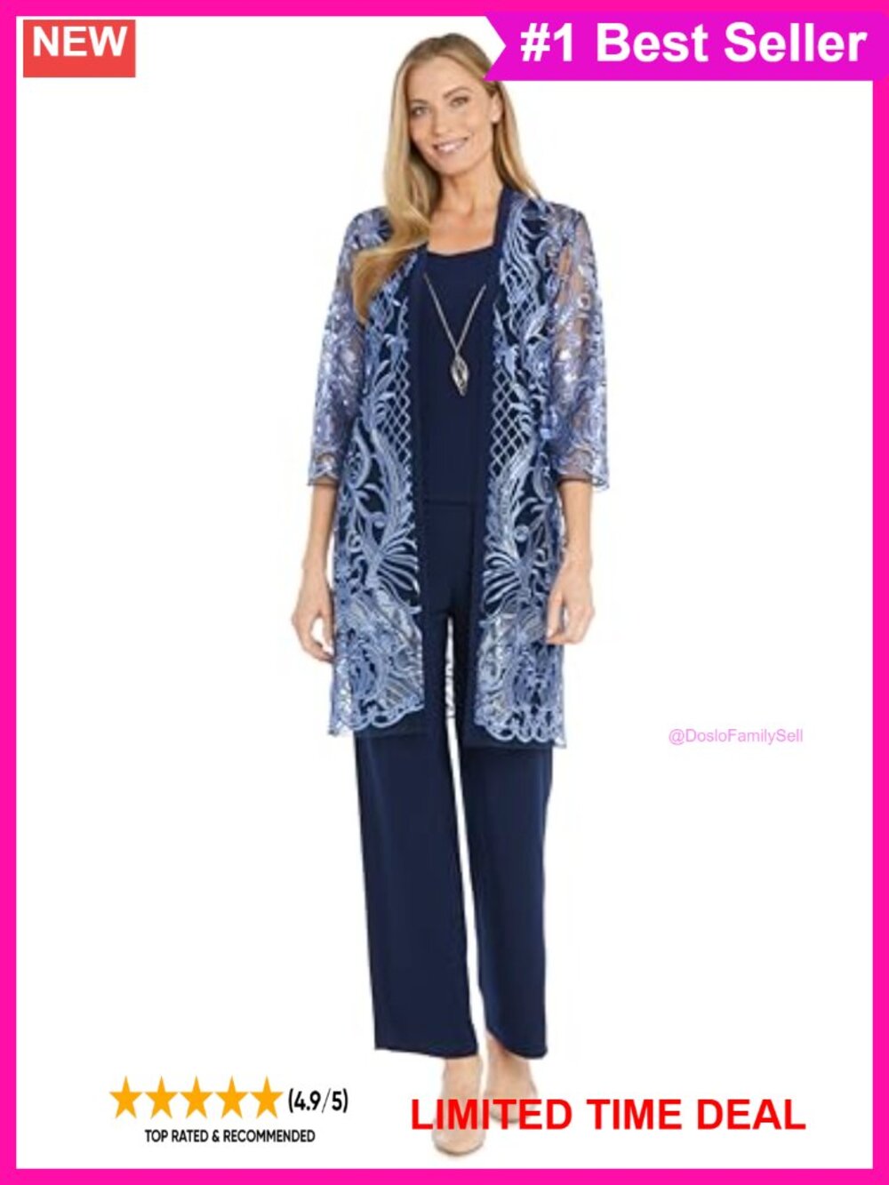 Embroidered Sequin Mesh Duster Jacket Tank & Pull-On Pant Set